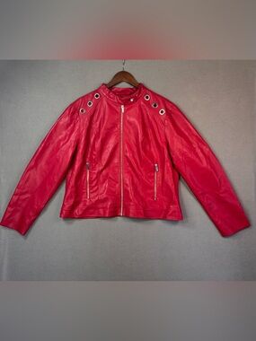 🍒 New York & Company Cherry Red Faux Leather Moto Zip Jacket w/ Grommets, XXL🍒